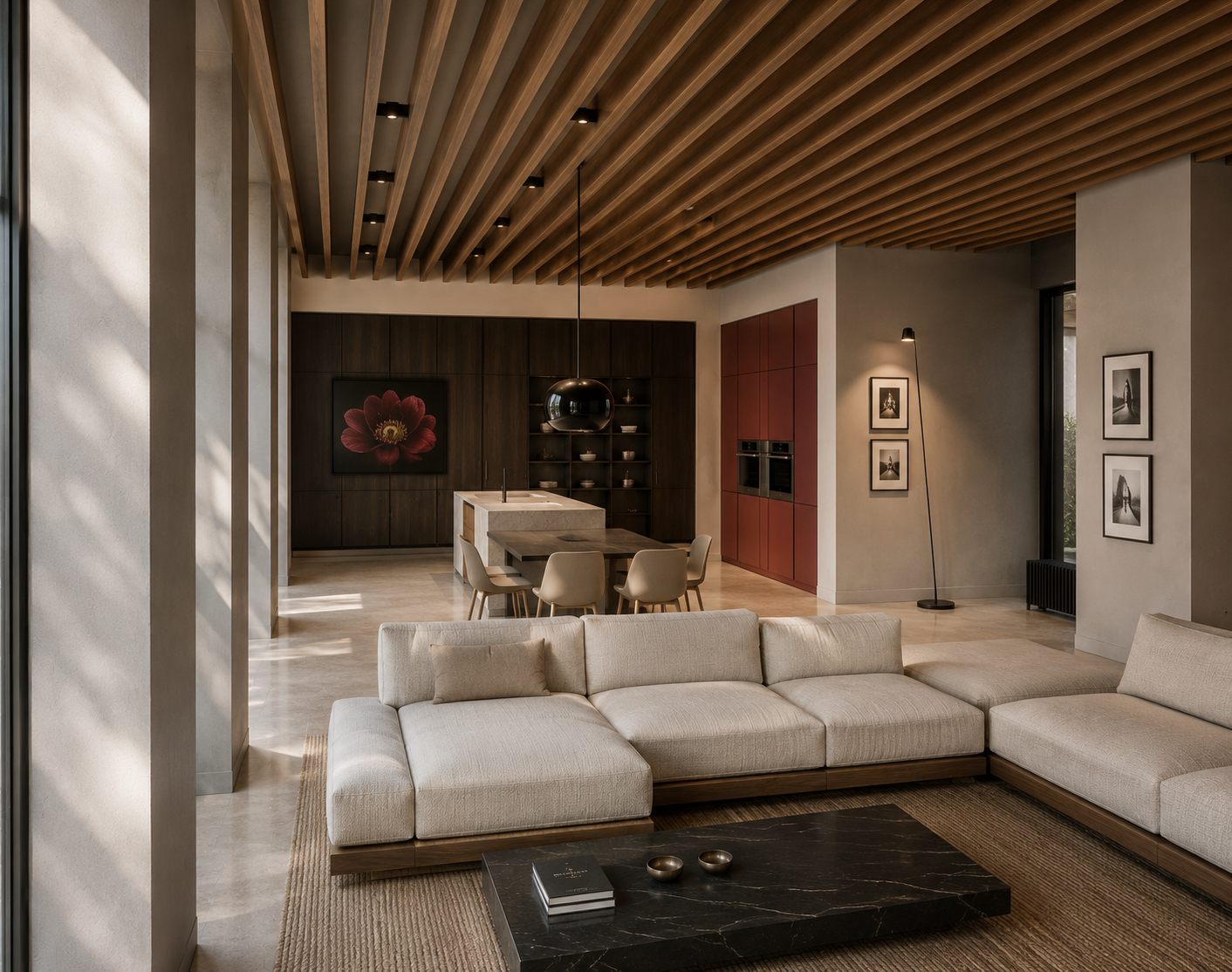Ontworpen woon- en showroominterieur voor Cesar Kitchens met houten plafond en maatwerkkeuken