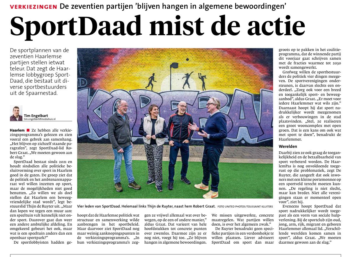 Krantenartikel SportDaad mist de actie